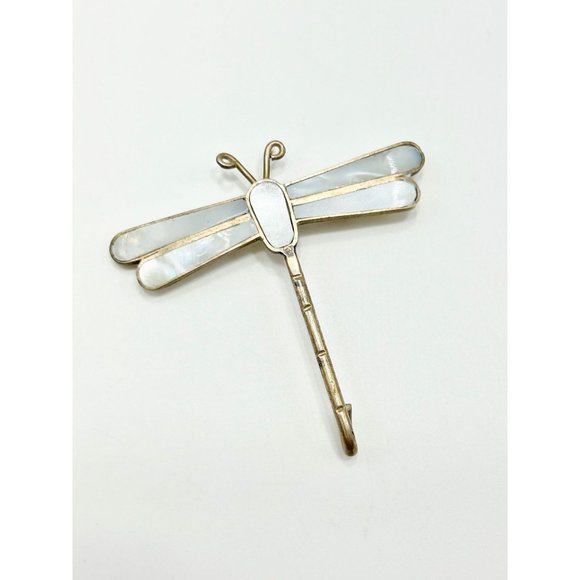 Vintage Alpaca Silver Mexico Dragonfly Insect Pin Brooch Mother of Pearl Inlay - Picture 3 of 10